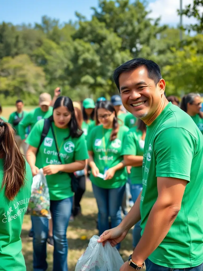 A photo of Jun Alinas participating in a local community cleanup event, smiling and interacting with other volunteers.