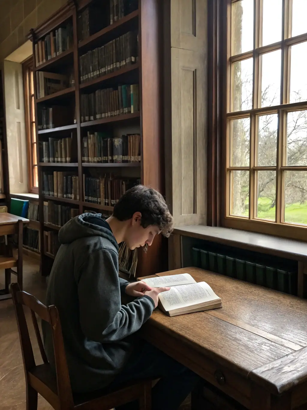 An image of a student studying in a library, representing the importance of education in shaping future policy.