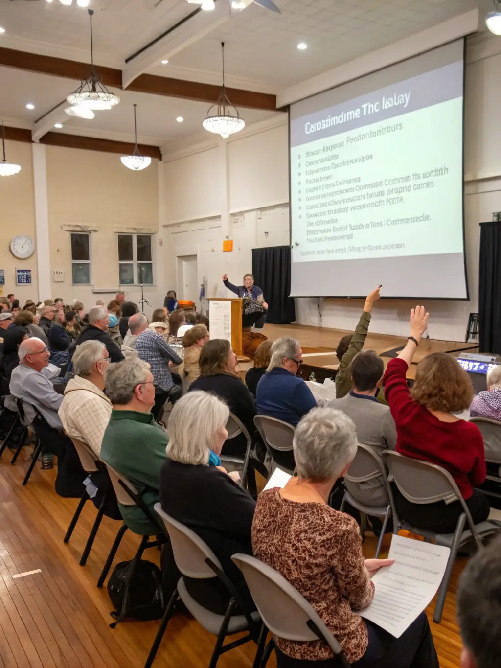 A photograph of a diverse group of people participating in a town hall meeting, symbolizing community involvement in policy discussions.